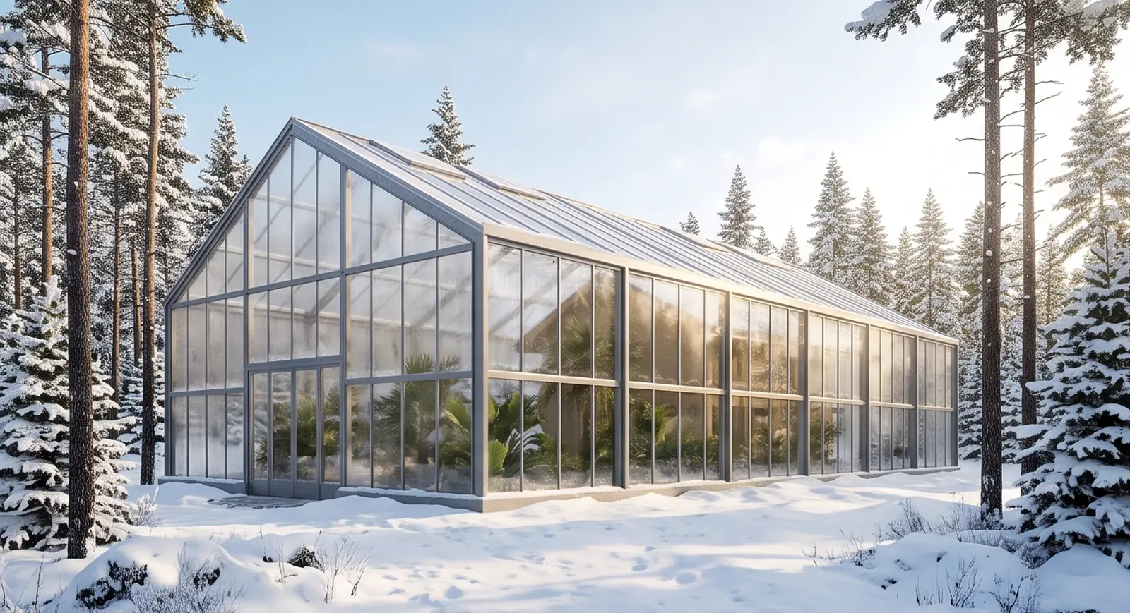 Klaasist kasvuhoone talvises männimetsas, sees palmid